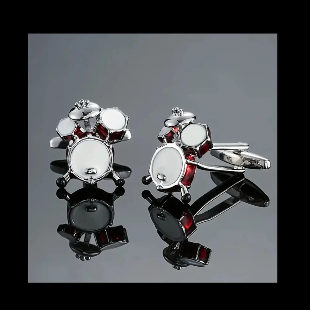 Silver Drum Set Cufflinks with Red Accents, NEW